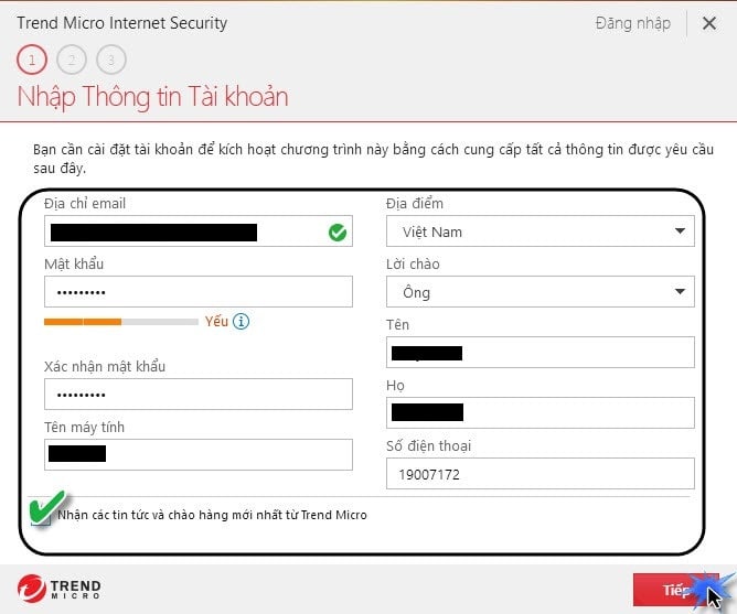 Trend_Micro_Internet_Security nhập đầy đủ thông tin cần thiết trong bảng để tiếp tục cài đặt