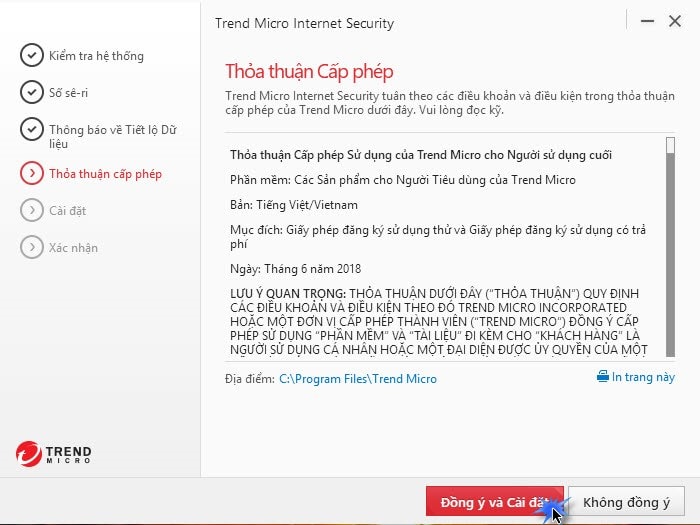 Đọc thỏa thuận cấp phép và bấm Đồng ý & Cài đặt để tiếp tục Trend_Micro_Internet_Security